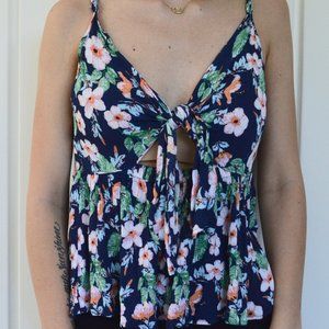 Hawaiian Print Tie Front Tank Top